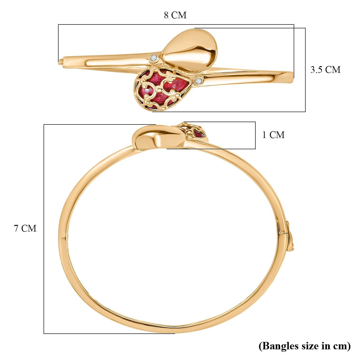 Designer Inspired- Natural Thulite & White Zircon Full Bangle (Size 7.5) in Yellow Gold Plated 11.19 Ct.