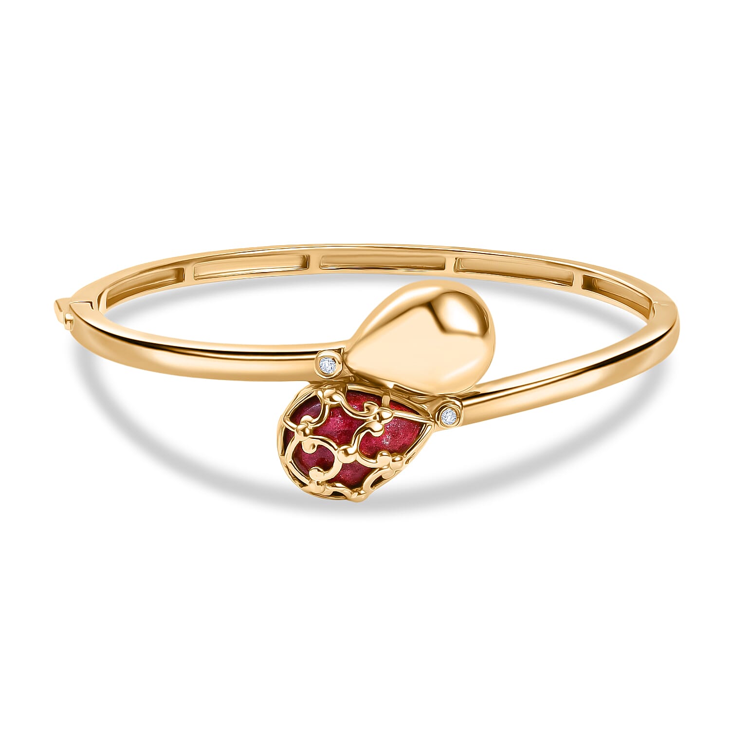 Designer Inspired- Natural Thulite & White Zircon Full Bangle (Size 7.5) in Yellow Gold Plated 11.19 Ct.