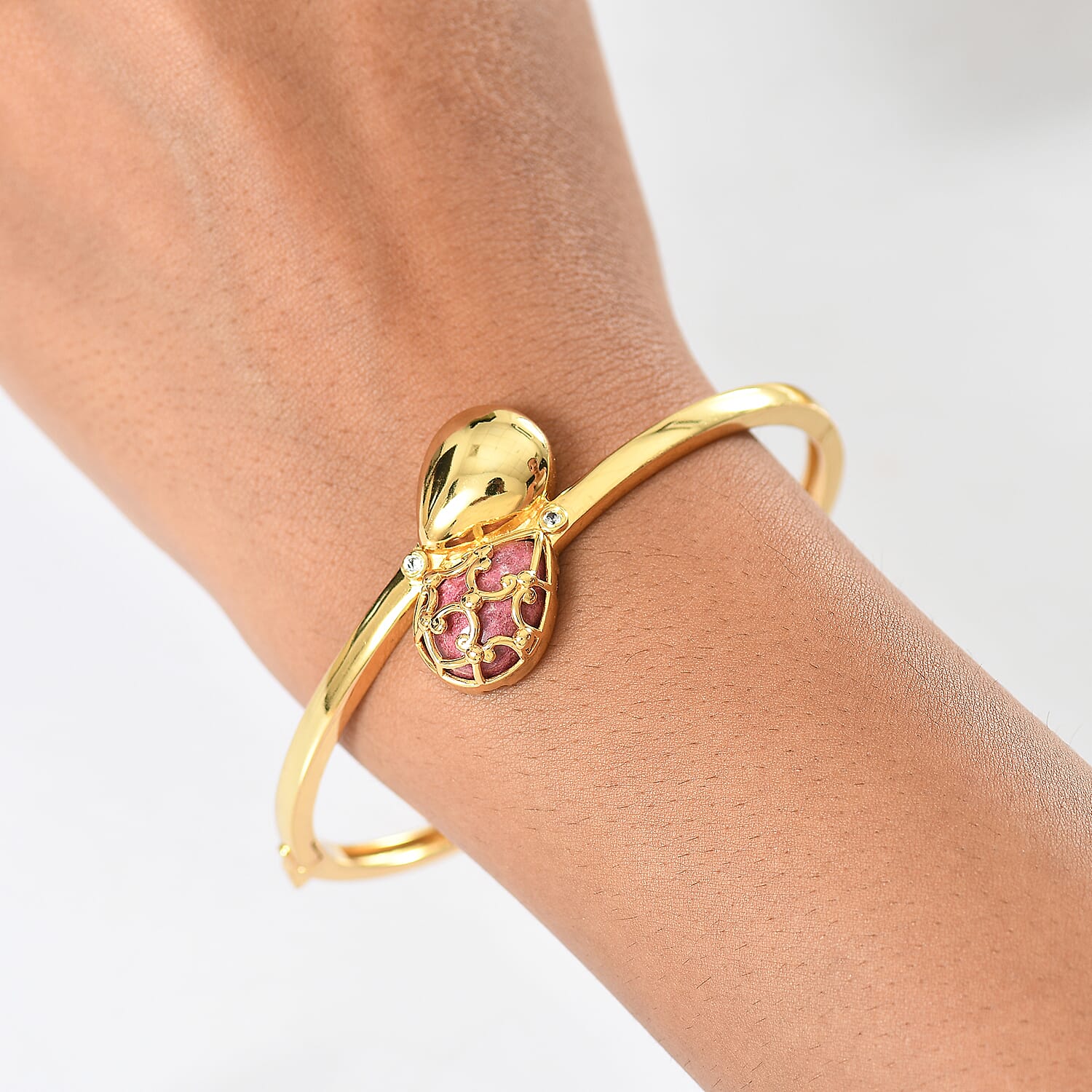 Designer Inspired- Natural Thulite & White Zircon Full Bangle (Size 7.5) in Yellow Gold Plated 11.19 Ct.