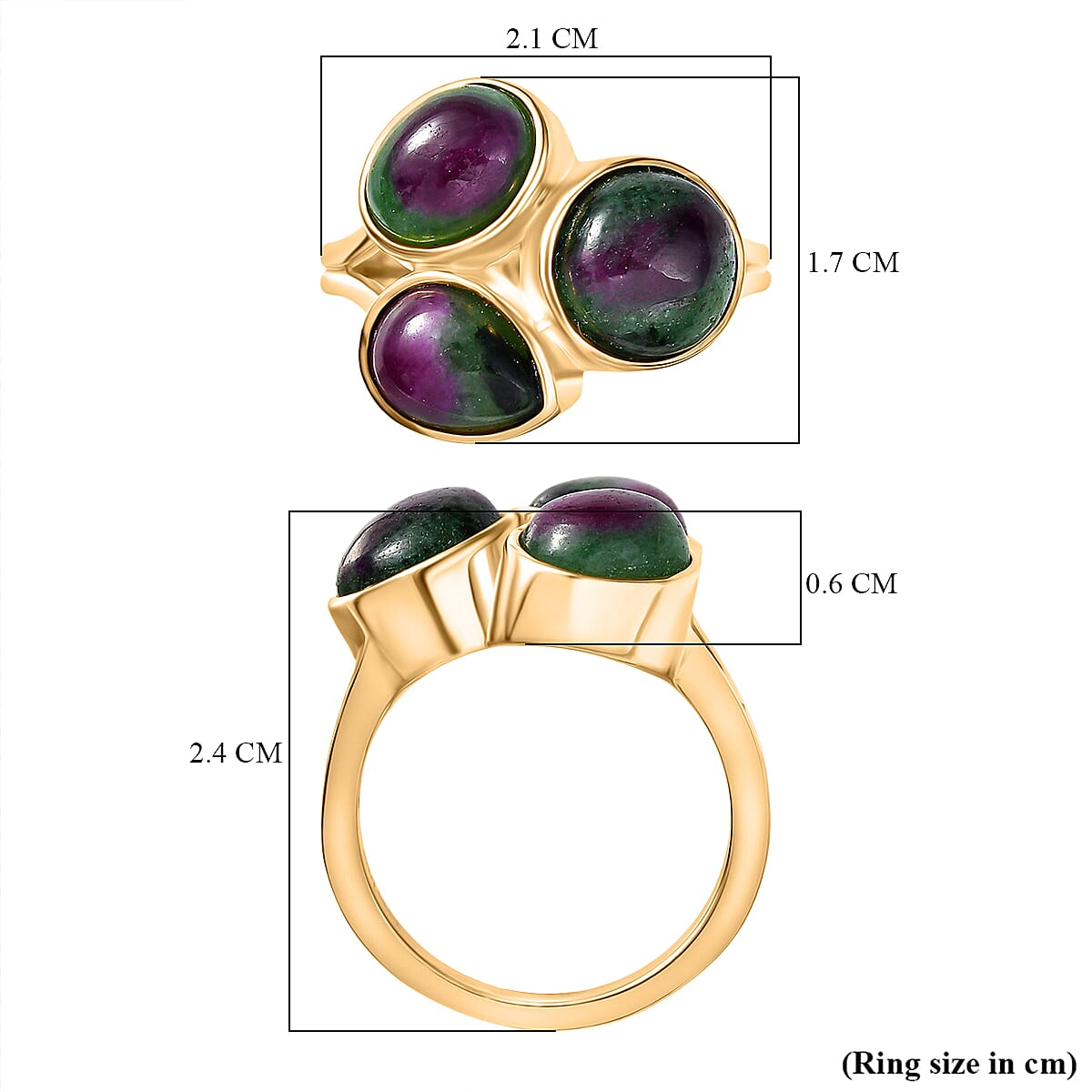 EverTrue Natural Ruby Zoisite 3 Stone Ring in Yellow Gold Plated 7.37 Ct.