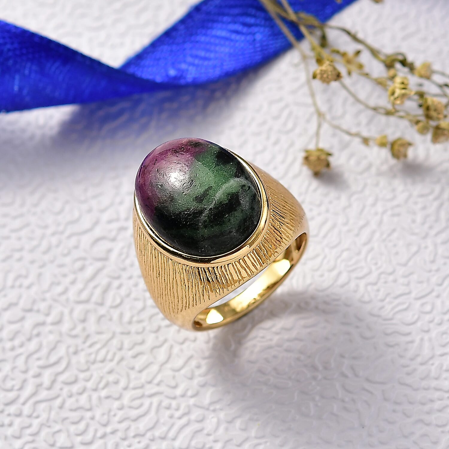 EverTrue Natural Ruby Zoisite Solitaire Ring in Yellow Gold Plated 18.61 Ct.
