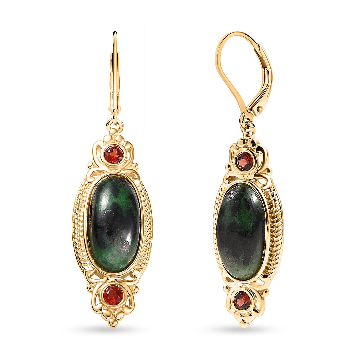 EverTrue Natural Ruby Zoisite & Red Garnet with Lever Back Earring in Yellow Gold Plated 13.18 Ct.