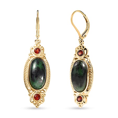 EverTrue Natural Ruby Zoisite & Red Garnet with Lever Back Earring in Yellow Gold Plated 13.18 Ct.