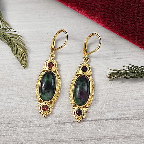 EverTrue Natural Ruby Zoisite & Red Garnet with Lever Back Earring in Yellow Gold Plated 13.18 Ct.