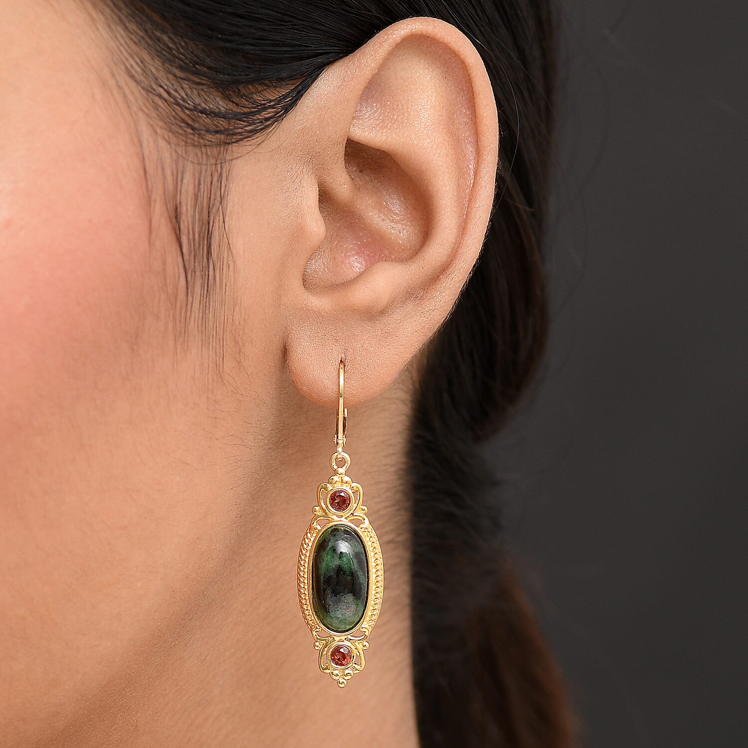 EverTrue Natural Ruby Zoisite & Red Garnet with Lever Back Earring in Yellow Gold Plated 13.18 Ct.