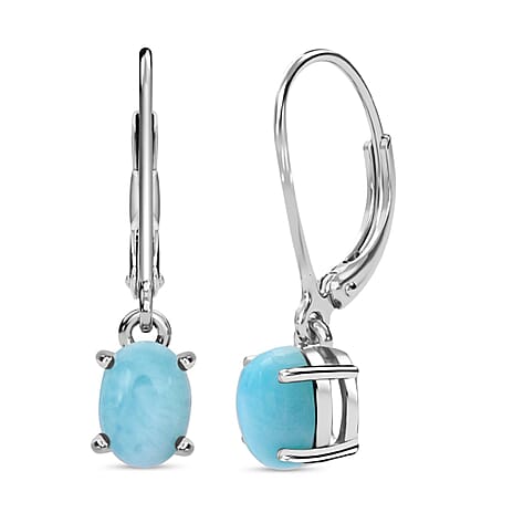 Natural Larimar Earrings with Lever Backs in Rhodium Overlay Sterling Silver 1.87 Ct.