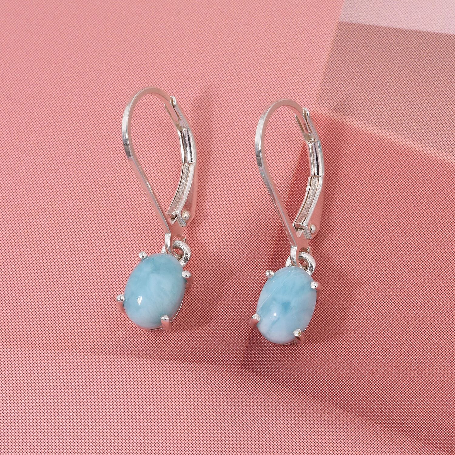 Natural Larimar Earrings with Lever Backs in Rhodium Overlay Sterling Silver 1.87 Ct.