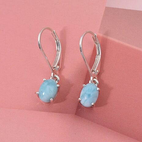 Natural Larimar Earrings with Lever Backs in Rhodium Overlay Sterling Silver 1.87 Ct.