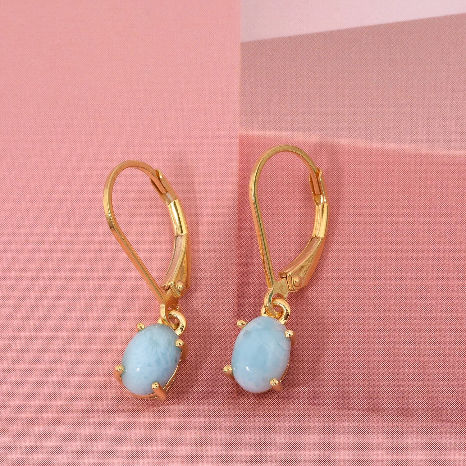 Natural Larimar Earrings with Lever Backs in Gold Overlay Sterling Silver 1.87 Ct.