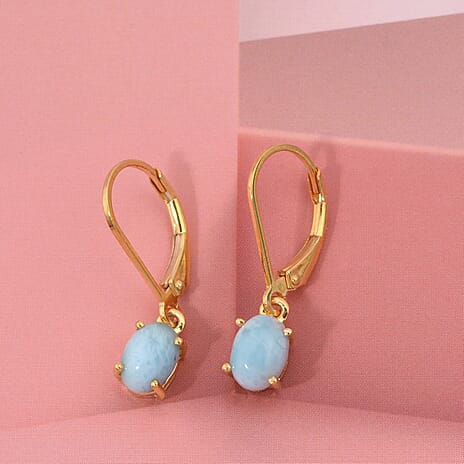Natural Larimar Earrings with Lever Backs in Gold Overlay Sterling Silver 1.87 Ct.