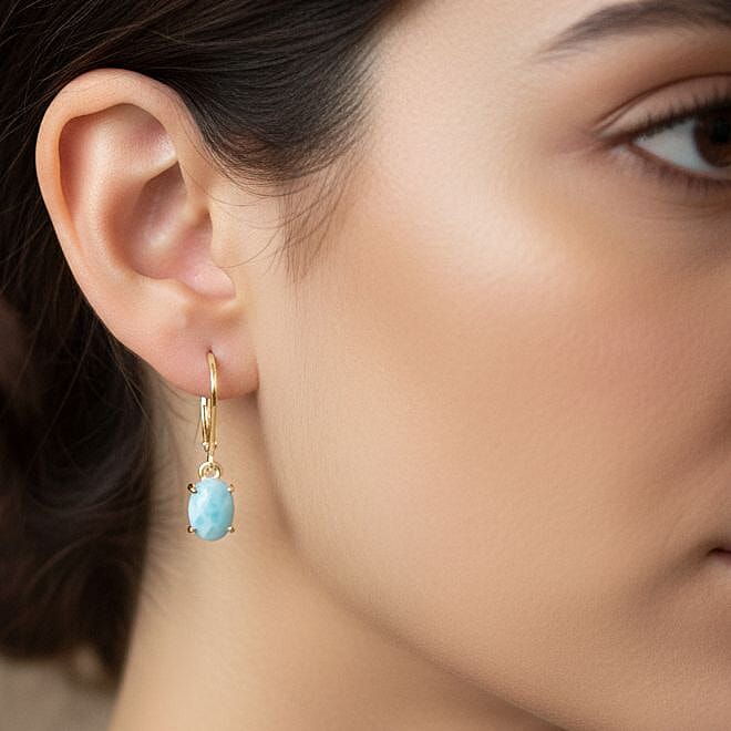 Natural Larimar Earrings with Lever Backs in Gold Overlay Sterling Silver 1.87 Ct.