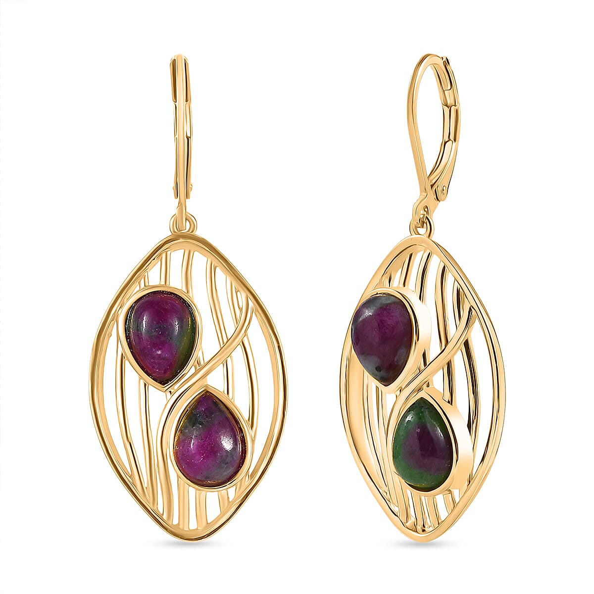 EverTrue Natural Ruby Zoisite Solitaire Lever Back Earring in Yellow Gold Plated