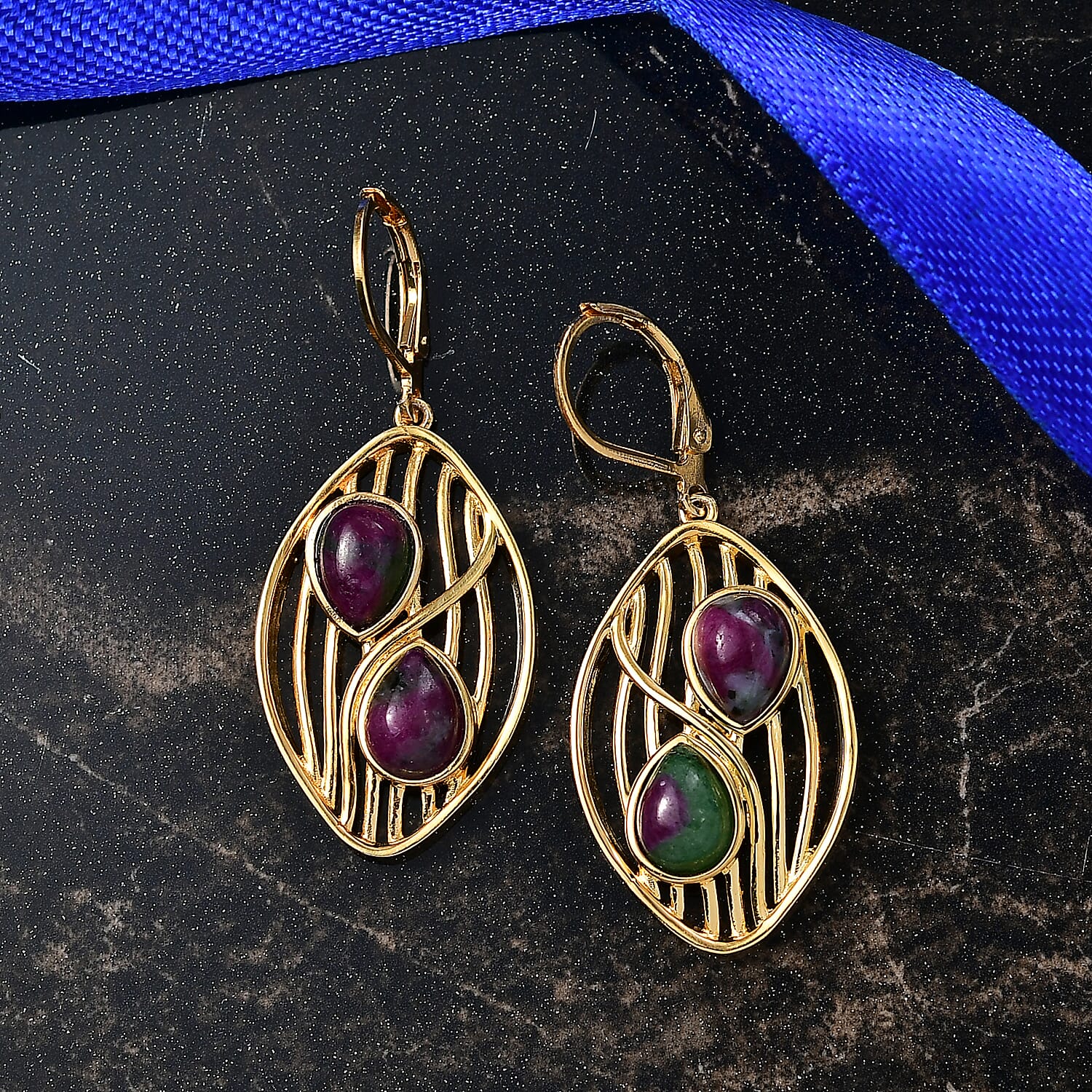 EverTrue Natural Ruby Zoisite Solitaire Lever Back Earring in Yellow Gold Plated