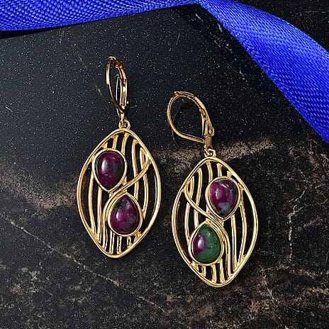 EverTrue Natural Ruby Zoisite Solitaire Lever Back Earring in Yellow Gold Plated