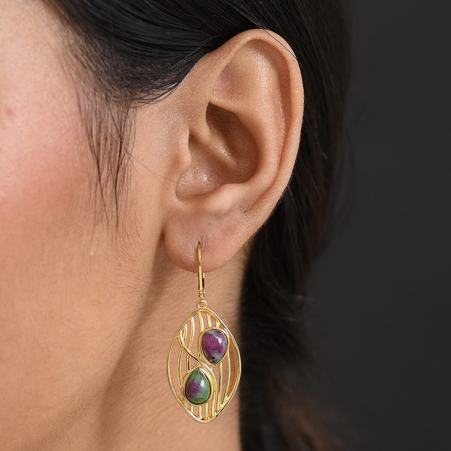 EverTrue Natural Ruby Zoisite Solitaire Lever Back Earring in Yellow Gold Plated