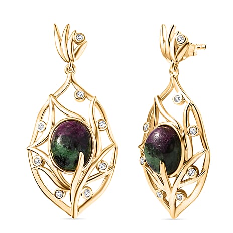 EverTrue Natural Ruby Zoisite & White Zircon Earring with Push Back in Yellow Gold Plated 10.64 Ct.