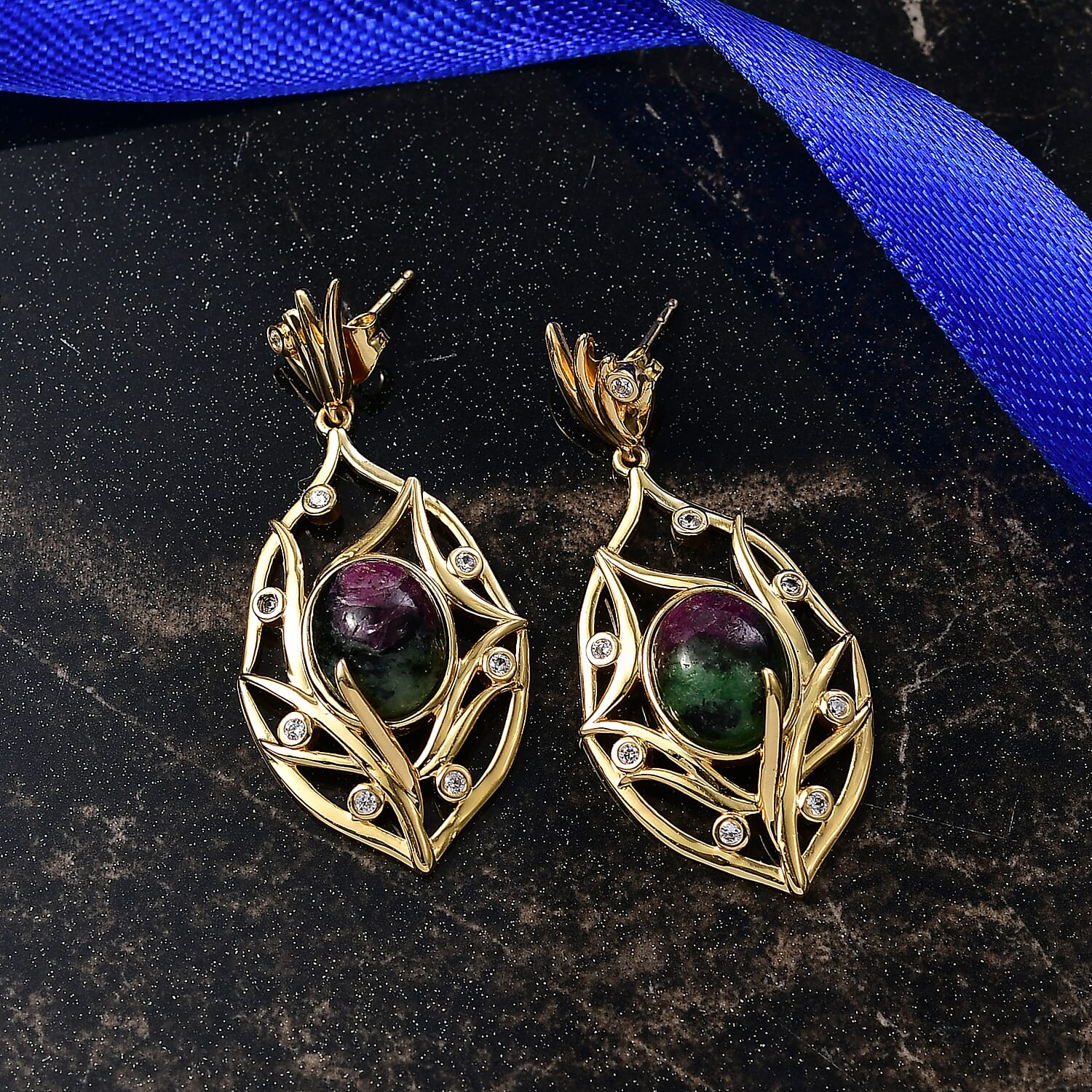 EverTrue Natural Ruby Zoisite & White Zircon Earring with Push Back in Yellow Gold Plated 10.64 Ct.