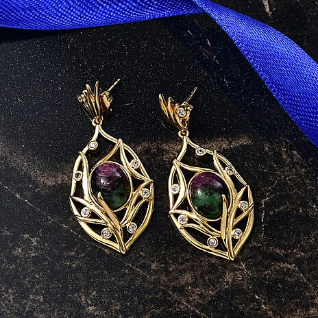 EverTrue Natural Ruby Zoisite & White Zircon Earring with Push Back in Yellow Gold Plated 10.64 Ct.