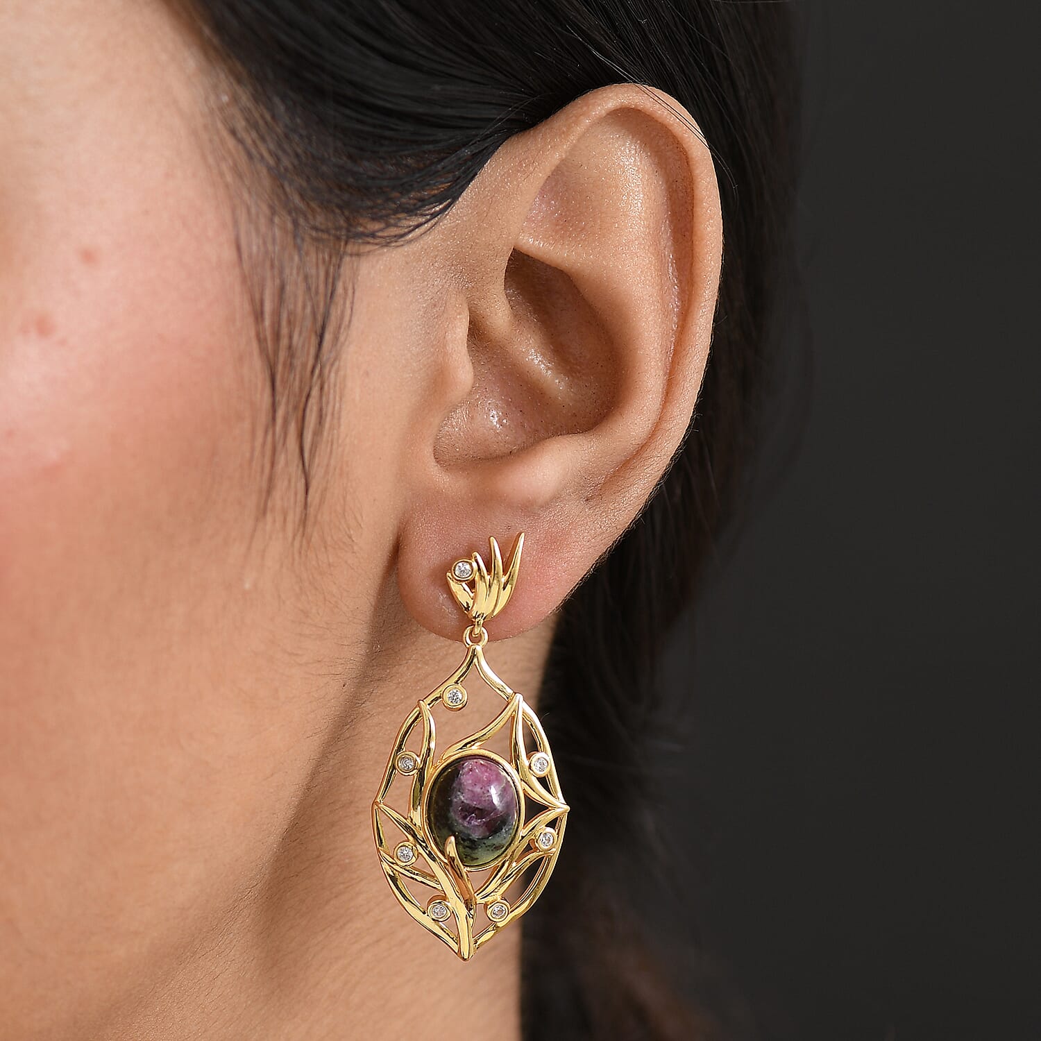 EverTrue Natural Ruby Zoisite & White Zircon Earring with Push Back in Yellow Gold Plated 10.64 Ct.