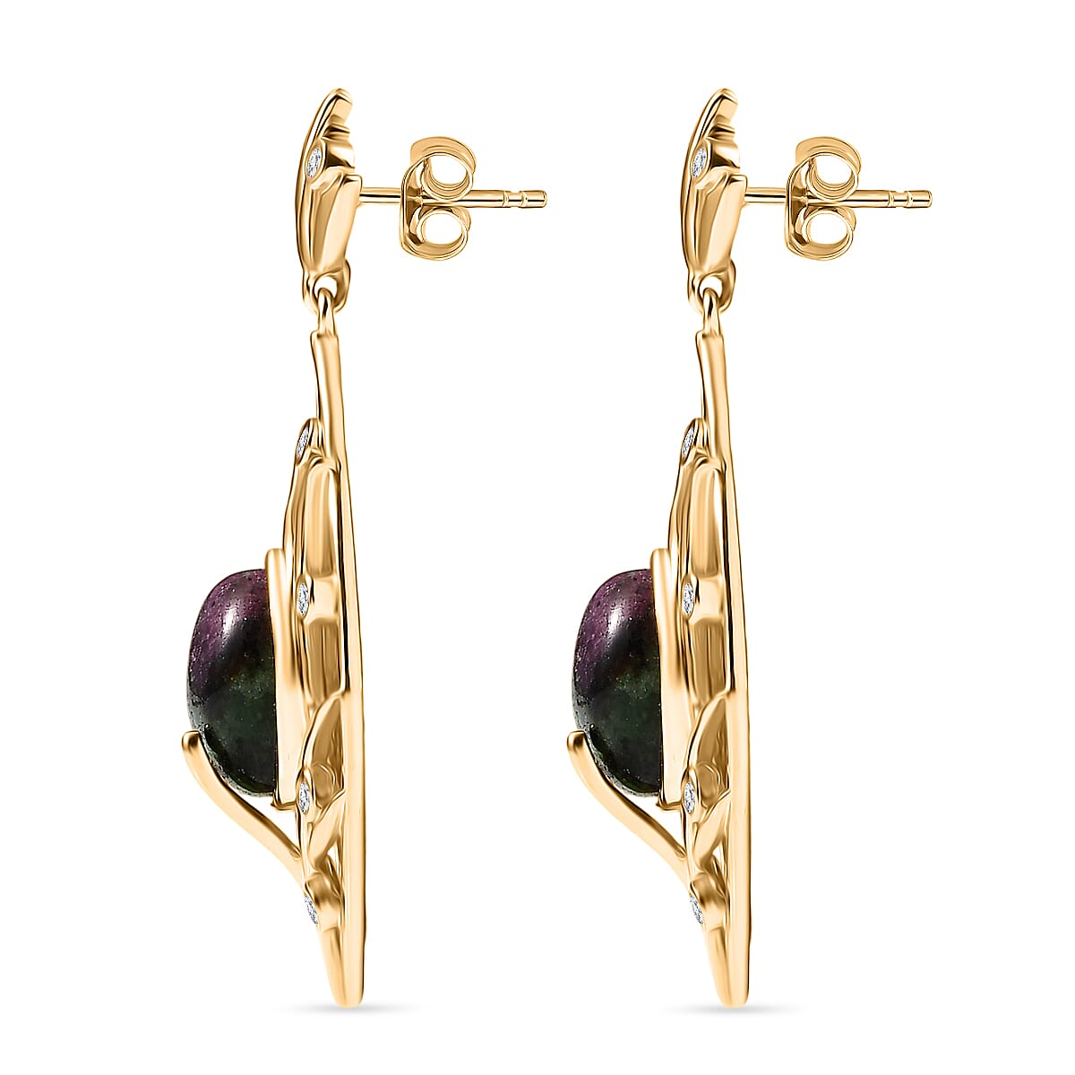 EverTrue Natural Ruby Zoisite & White Zircon Earring with Push Back in Yellow Gold Plated 10.64 Ct.