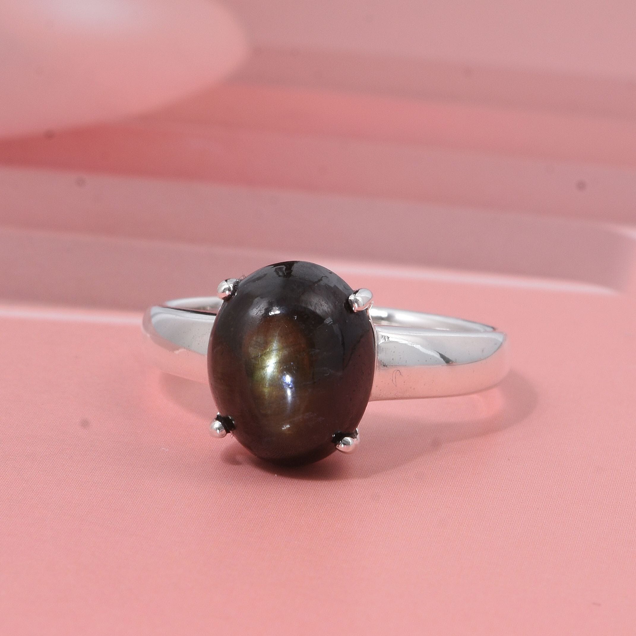 Chantaburi Black Star Sapphire Ring in Rhodium Overlay Sterling Silver 6.27 Ct.