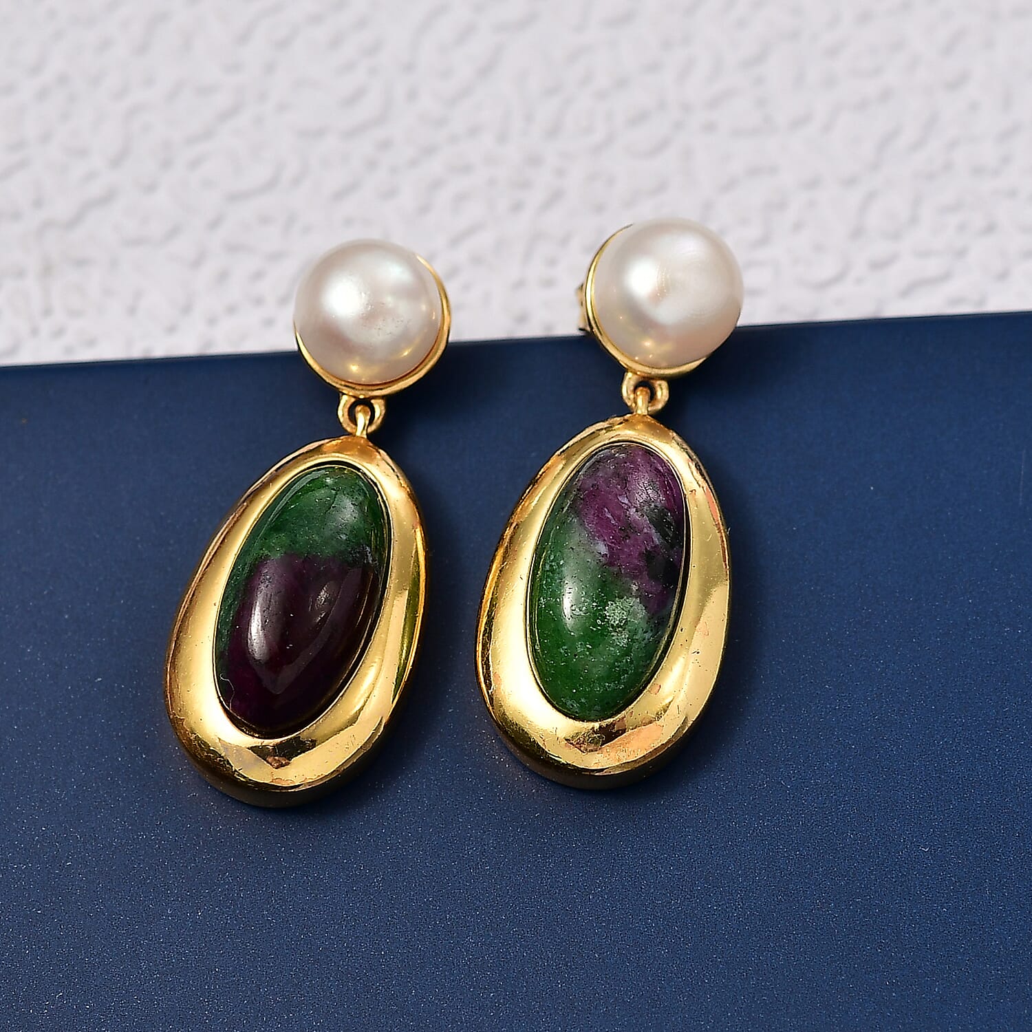 EverTrue Natural Ruby Zoisite & Fresh Water Pearl Dangling Earring with Push Back in Yellow Gold Plated 14.05 Ct.