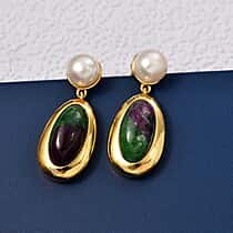 EverTrue Natural Ruby Zoisite & Fresh Water Pearl Dangling Earring with Push Back in Yellow Gold Plated 14.05 Ct.