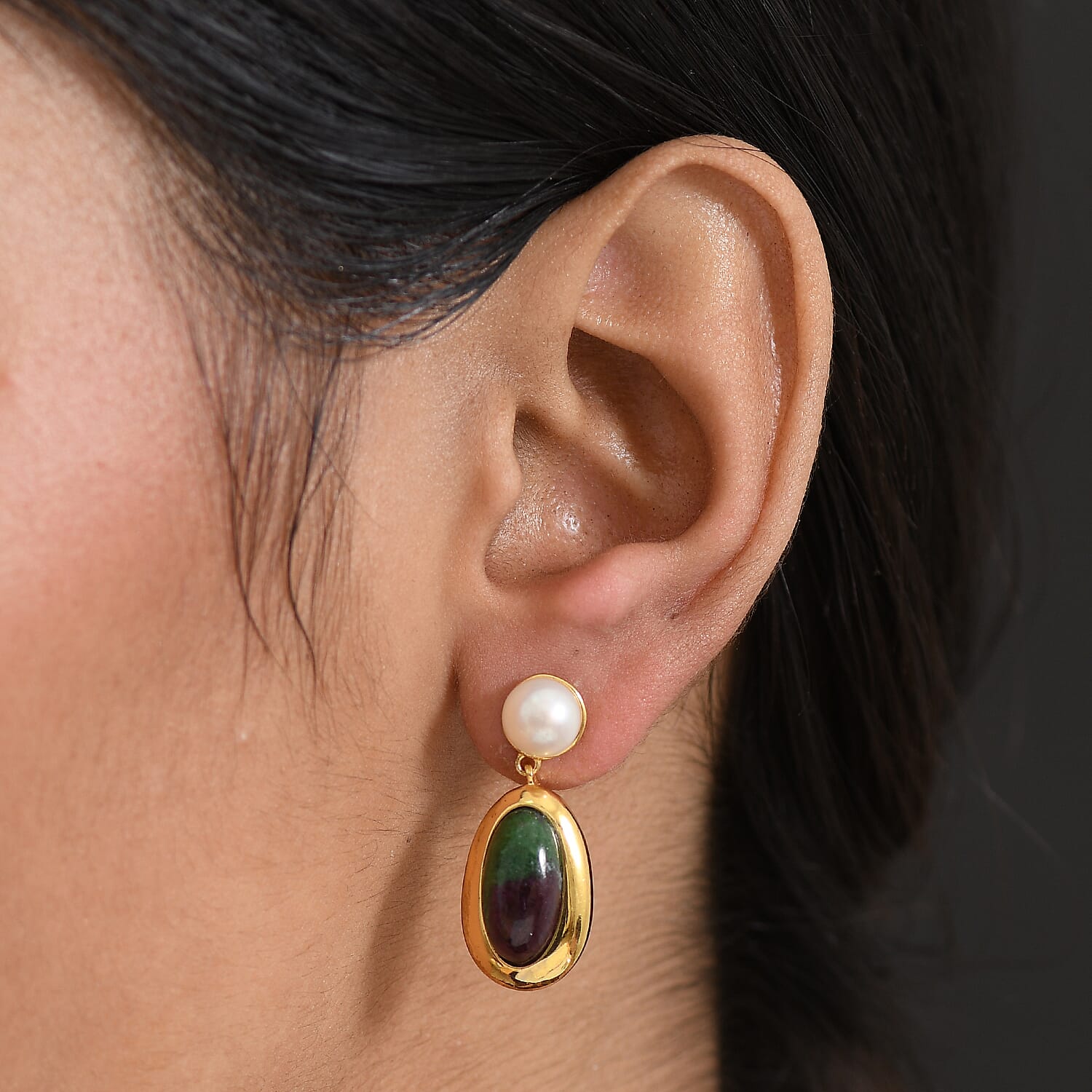 EverTrue Natural Ruby Zoisite & Fresh Water Pearl Dangling Earring with Push Back in Yellow Gold Plated 14.05 Ct.