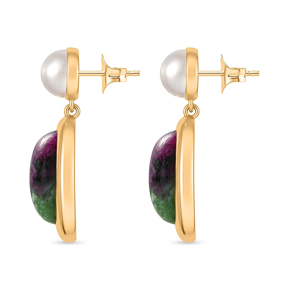 EverTrue Natural Ruby Zoisite & Fresh Water Pearl Dangling Earring with Push Back in Yellow Gold Plated 14.05 Ct.