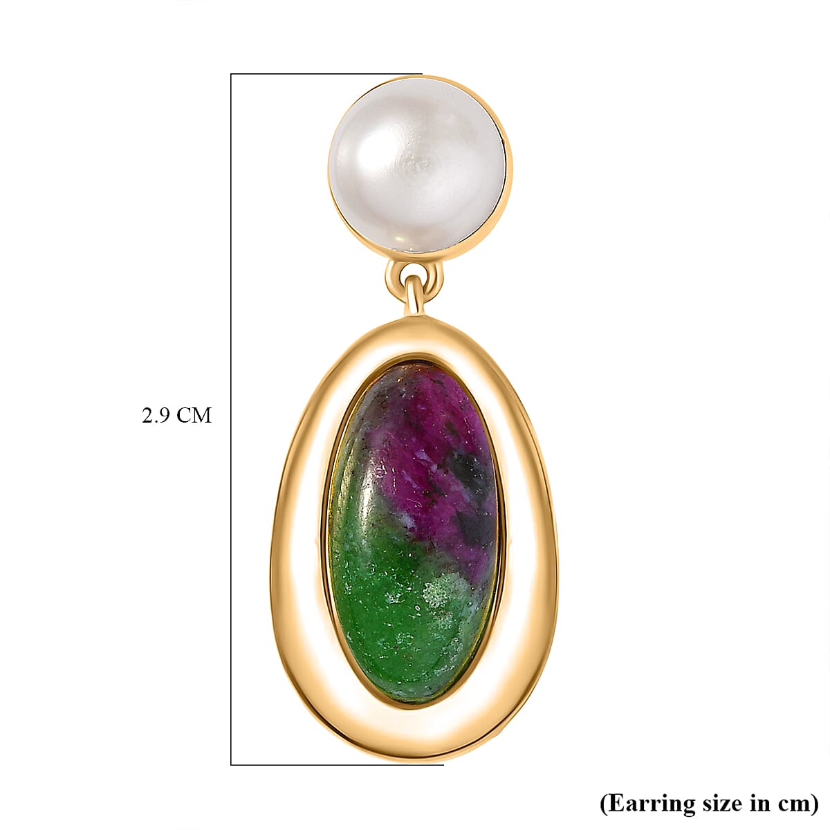 EverTrue Natural Ruby Zoisite & Fresh Water Pearl Dangling Earring with Push Back in Yellow Gold Plated 14.05 Ct.