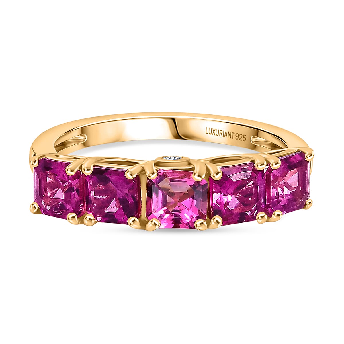 Luxuriant Lab Grown Bixbite & Lab Grown Diamond (SI-GH) 5 Stone Ring in 18K Vermeil Yellow Gold Plated Sterling Silver 1.43 Ct.