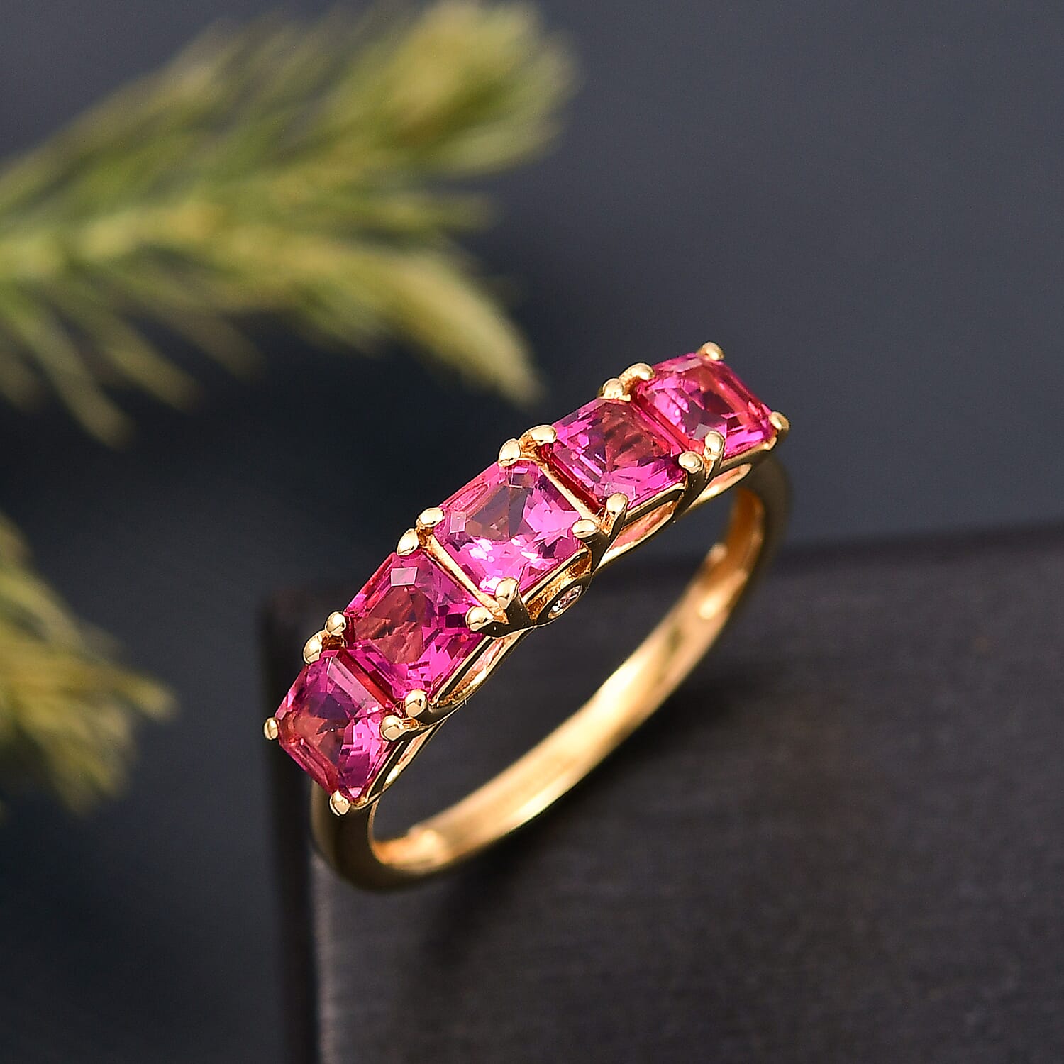 Luxuriant Lab Grown Bixbite & Lab Grown Diamond (SI-GH) 5 Stone Ring in 18K Vermeil Yellow Gold Plated Sterling Silver 1.43 Ct.