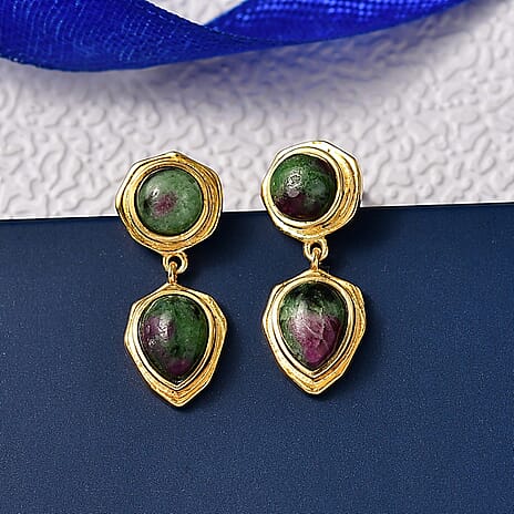 EverTrue Natural Ruby Zoisite Dangling Earring with Push Back in Yellow Gold Plated 6.82 Ct.