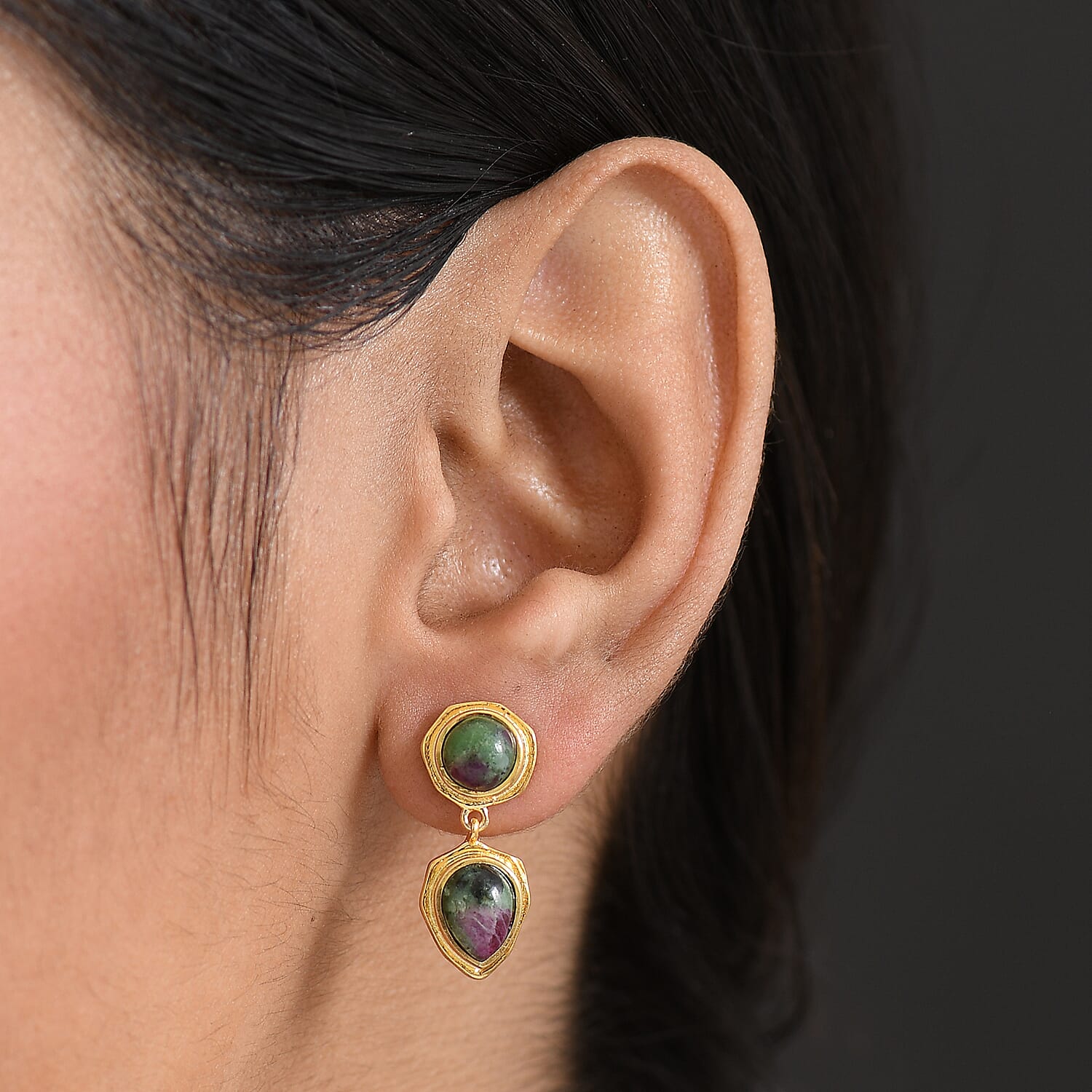 EverTrue Natural Ruby Zoisite Dangling Earring with Push Back in Yellow Gold Plated 6.82 Ct.