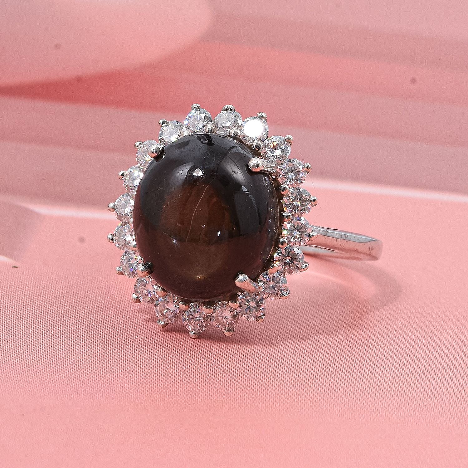 D'Joy Chantaburi Black Star Sapphire & Moissanite Ring in Rhodium Overlay Sterling Silver 11.98 Ct.