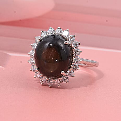 D'Joy Chantaburi Black Star Sapphire & Moissanite Ring in Rhodium Overlay Sterling Silver 11.98 Ct.