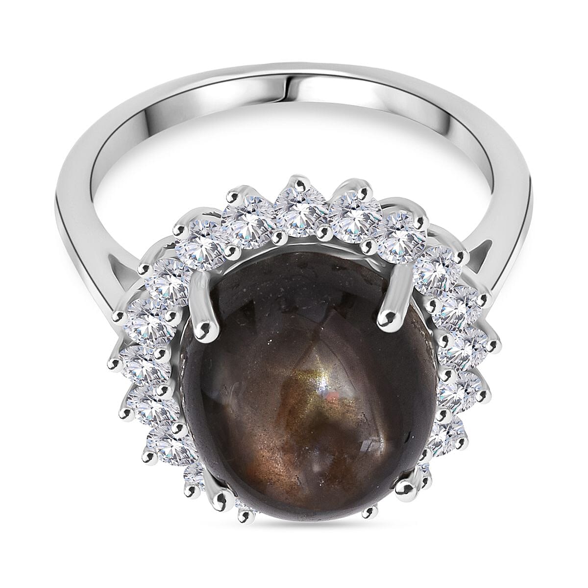 D'Joy Black Star Sapphire, Moissanite Halo Ring in Rhodium Overlay Sterling Silver 11.620 Ct.