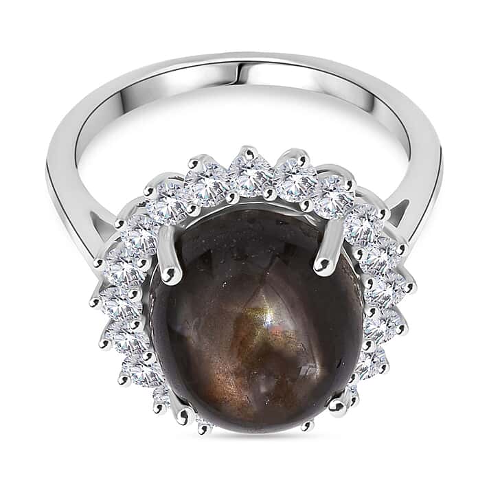 D'Joy Black Star Sapphire, Moissanite Halo Ring in Rhodium Overlay Sterling Silver 11.620 Ct.