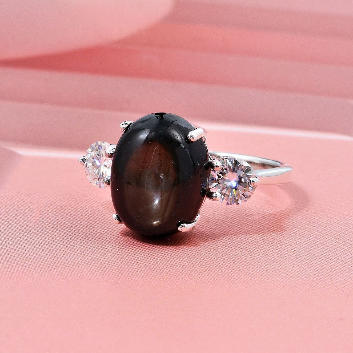 Chantaburi AAAA Black Star Sapphire & Moissanite Ring in Rhodium Overlay Sterling Silver 9.90 Ct.