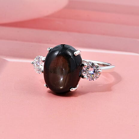 Chantaburi AAAA Black Star Sapphire & Moissanite Ring in Rhodium Overlay Sterling Silver 9.90 Ct.