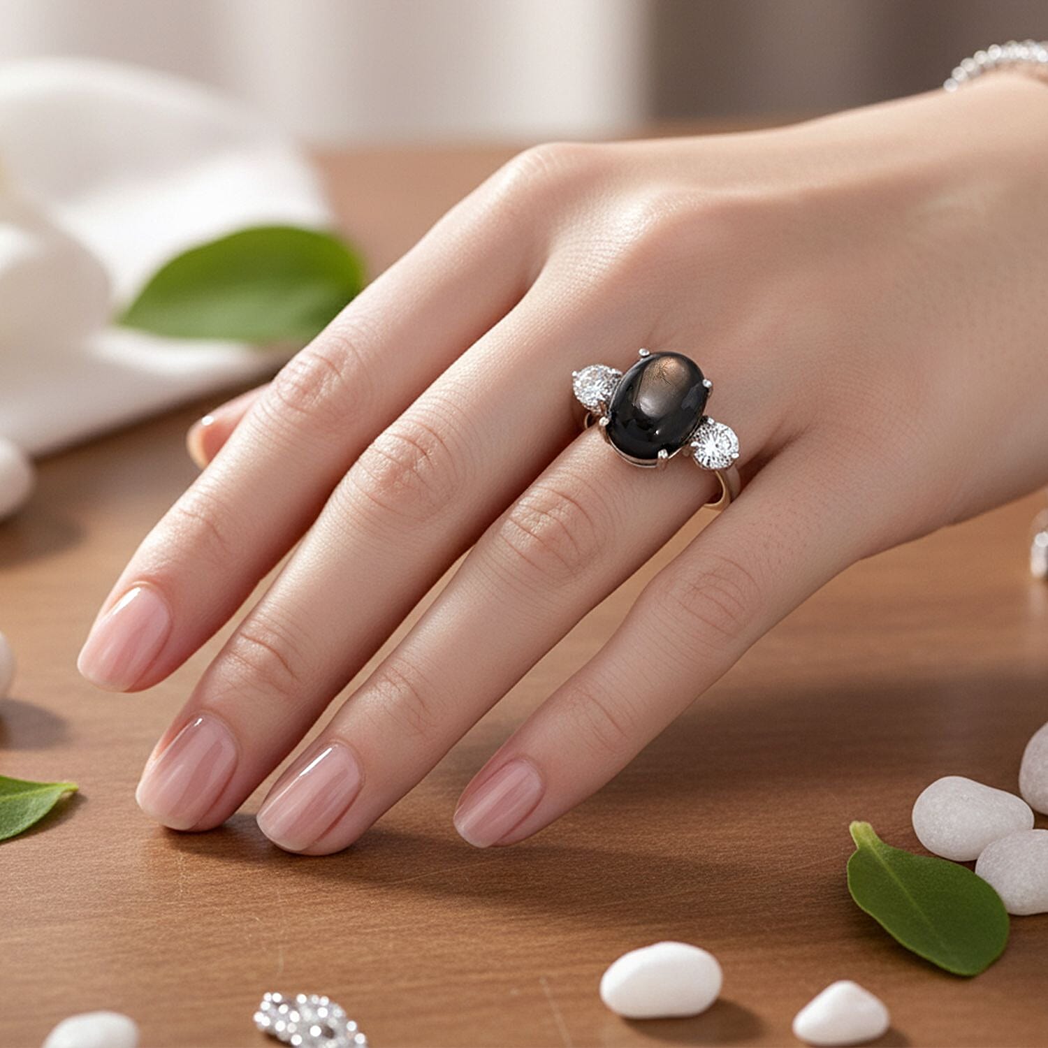 Chantaburi AAAA Black Star Sapphire & Moissanite Ring in Rhodium Overlay Sterling Silver 9.90 Ct.