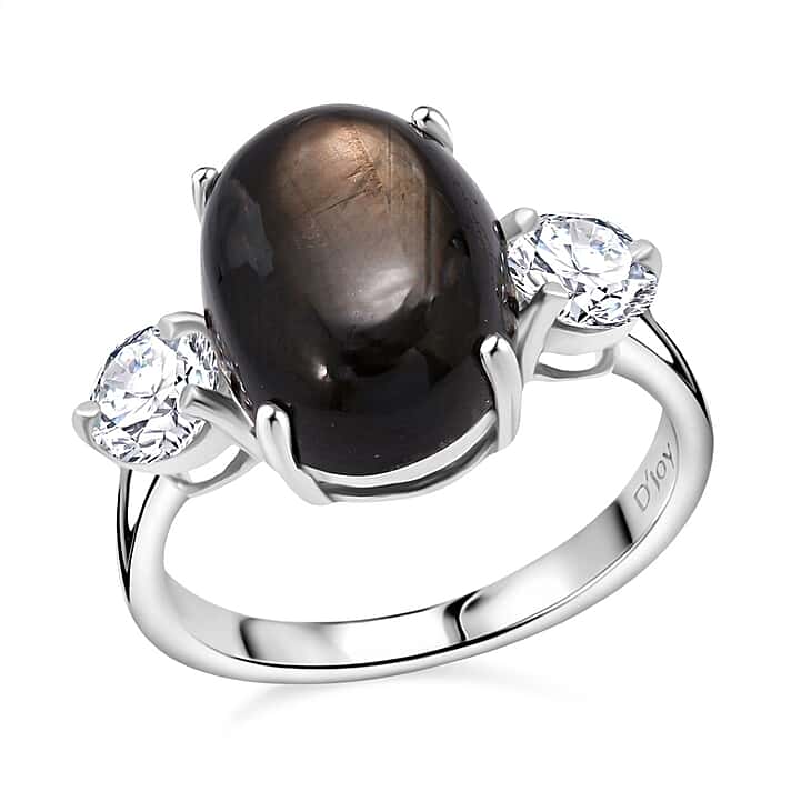 D'Joy Black Star Sapphire, Moissanite Ring in Rhodium Overlay Sterling Silver 9.90 Ct.