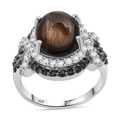 D'Joy Chantaburi Black Star Sapphire, Black Spinel & Natural Zircon Ring in Rhodium Overlay Sterling Silver 10.26 Ct.