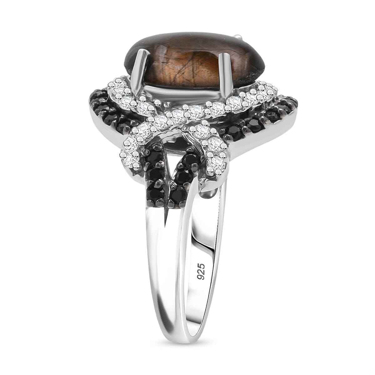 D'Joy Chantaburi Black Star Sapphire, Black Spinel & Natural Zircon Ring in Rhodium Overlay Sterling Silver 10.26 Ct.