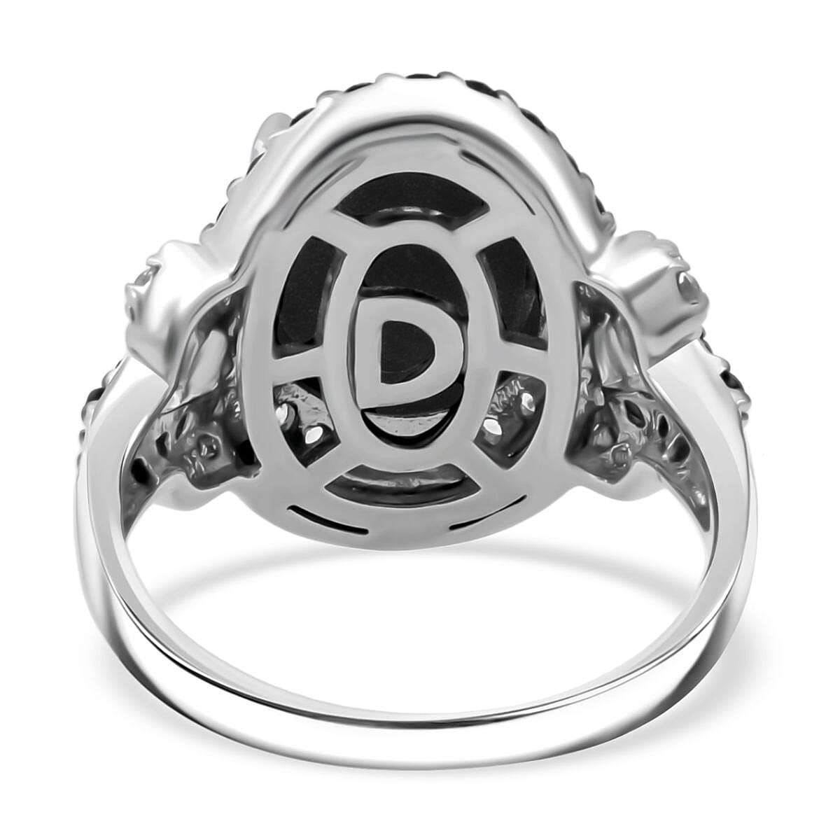 D'Joy Chantaburi Black Star Sapphire, Black Spinel & Natural Zircon Ring in Rhodium Overlay Sterling Silver 10.26 Ct.