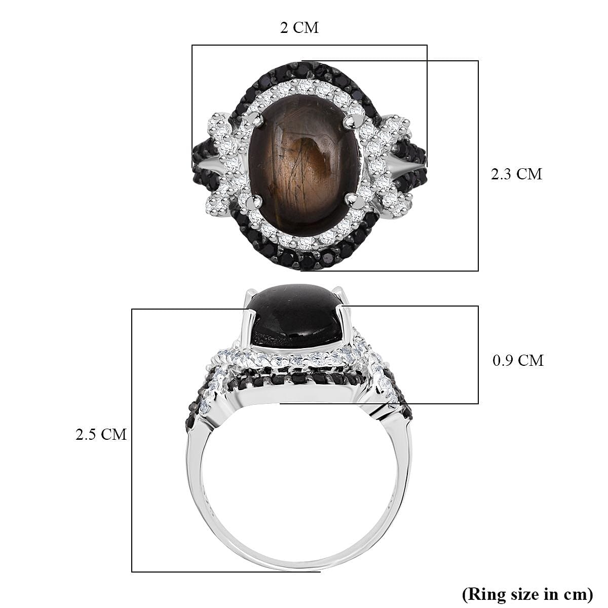 D'Joy Chantaburi Black Star Sapphire, Black Spinel & Natural Zircon Ring in Rhodium Overlay Sterling Silver 10.26 Ct.