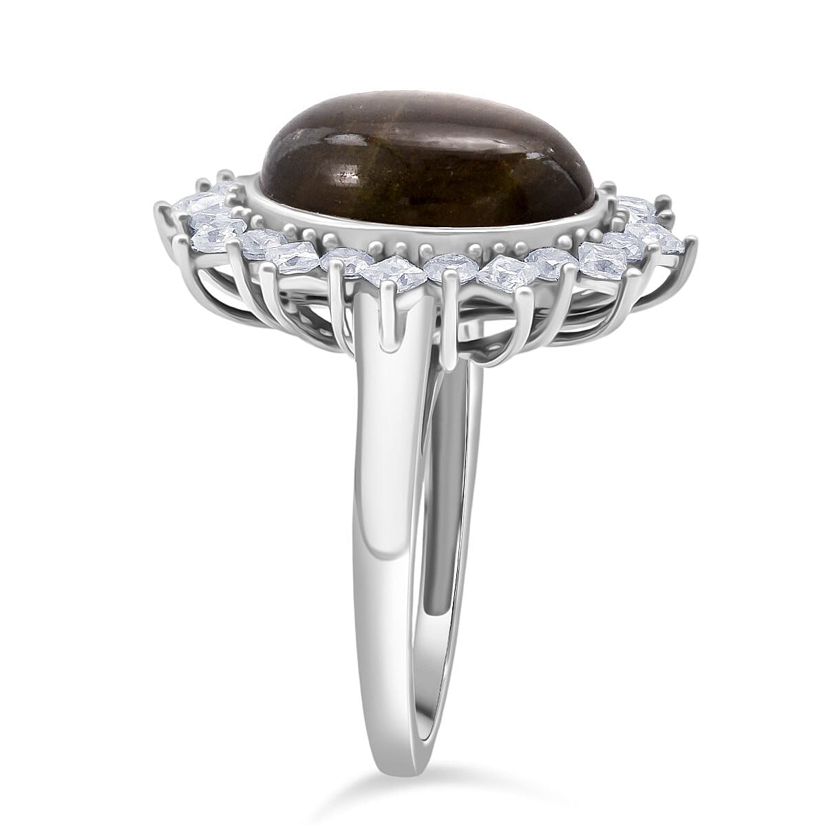 D'Joy Natural Chantaburi Black Star Sapphire & Moissanite Ring in Rhodium Overlay Sterling Silver 13.27 Ct.