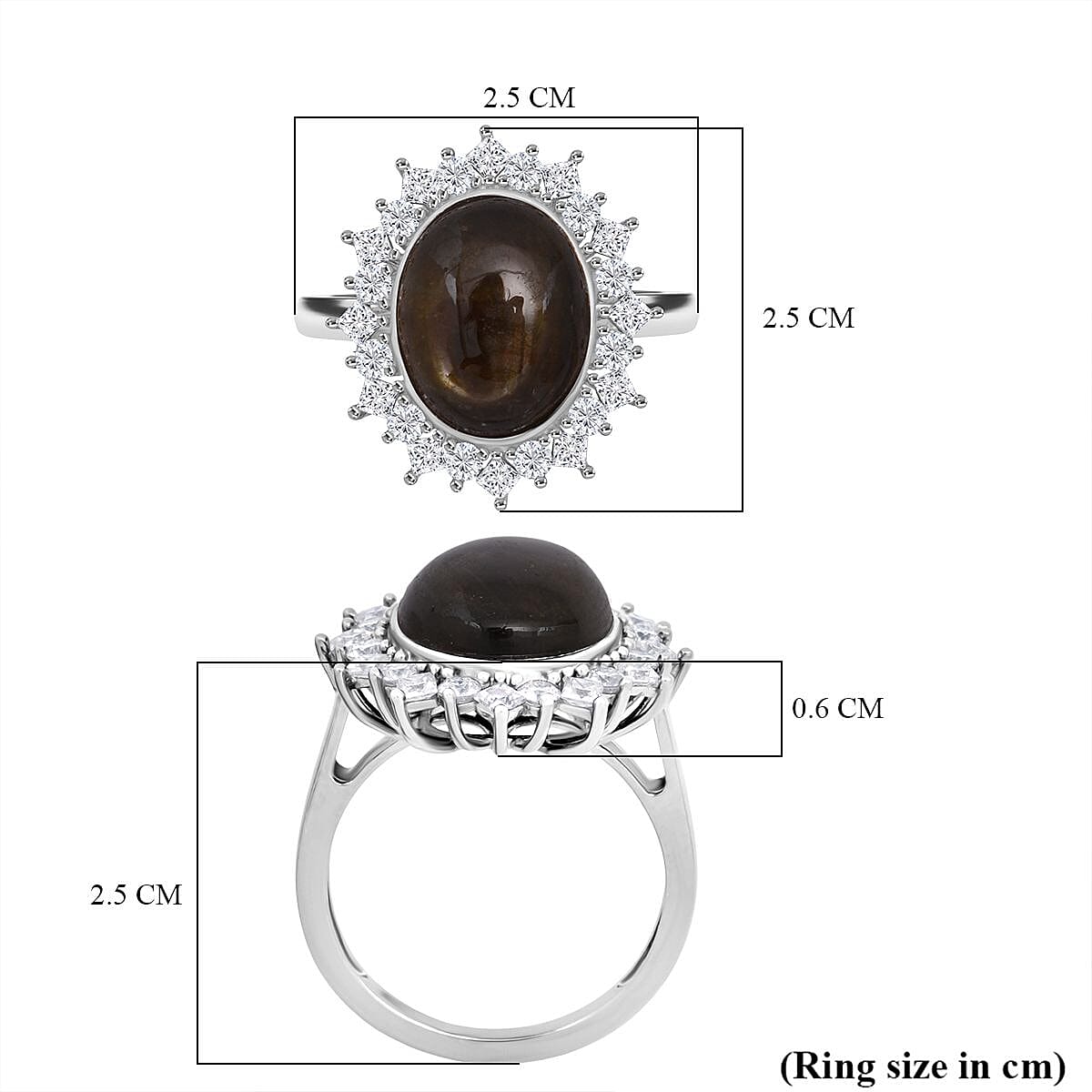 D'Joy Natural Chantaburi Black Star Sapphire & Moissanite Ring in Rhodium Overlay Sterling Silver 13.27 Ct.