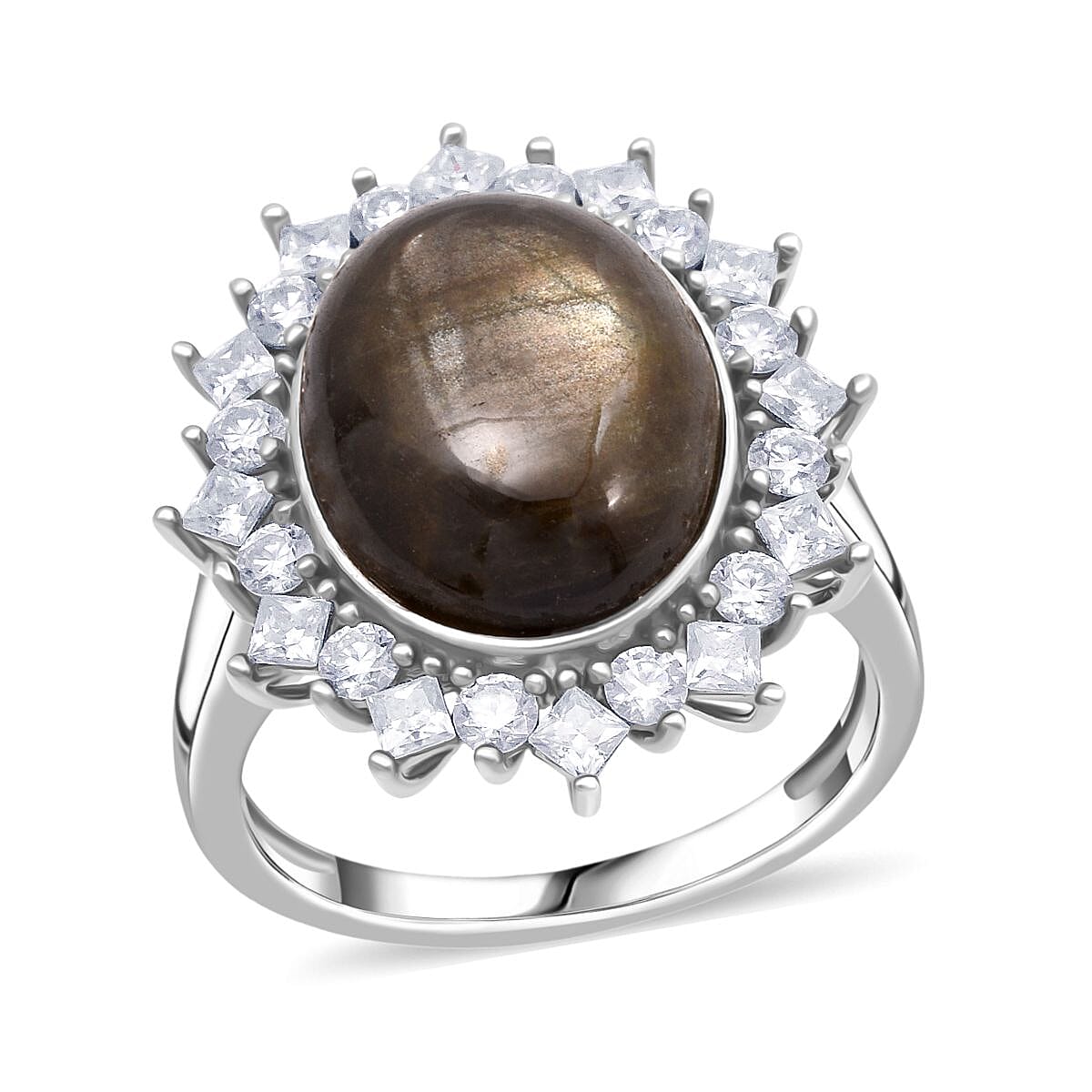 D'Joy Black Star Sapphire, Moissanite Halo Ring in Rhodium Overlay Sterling Silver 13.27 Ct.