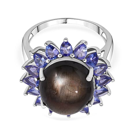 D'Joy Chantaburi Black Star Sapphire & Tanzanite Ring in Rhodium Overlay Sterling Silver 17.66 Ct.